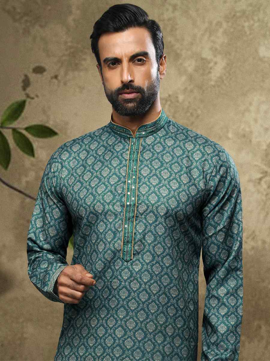 Green Hand Loomed In Rich Yarns Of Cotton Printed Festival Party Kurta