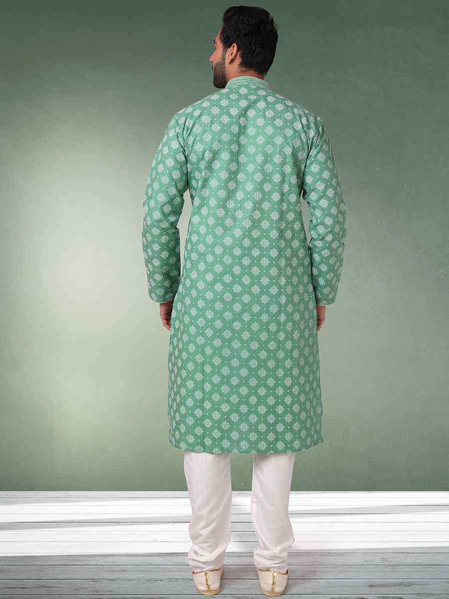 Green Hand Loomed In Rich Yarns Of Cotton Printed Festival Wedding Kurta