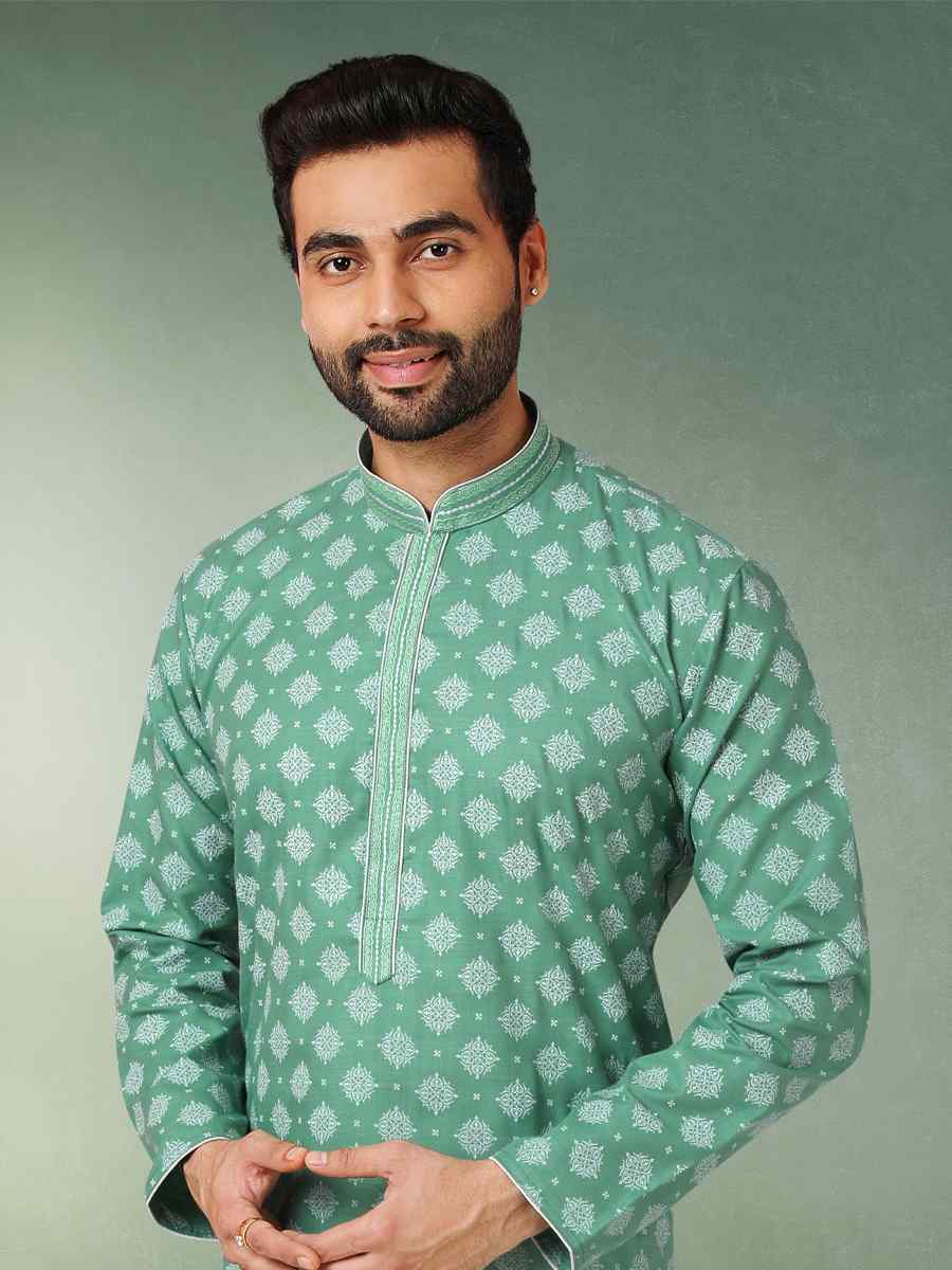 Green Hand Loomed In Rich Yarns Of Cotton Printed Festival Wedding Kurta