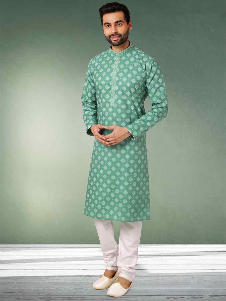 Green Hand Loomed In Rich Yarns Of Cotton Printed Festival Wedding Kurta