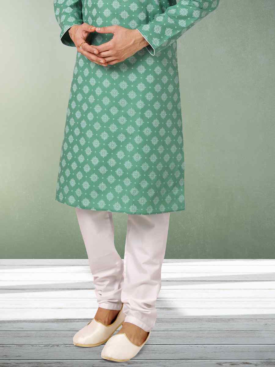 Green Hand Loomed In Rich Yarns Of Cotton Printed Festival Wedding Kurta