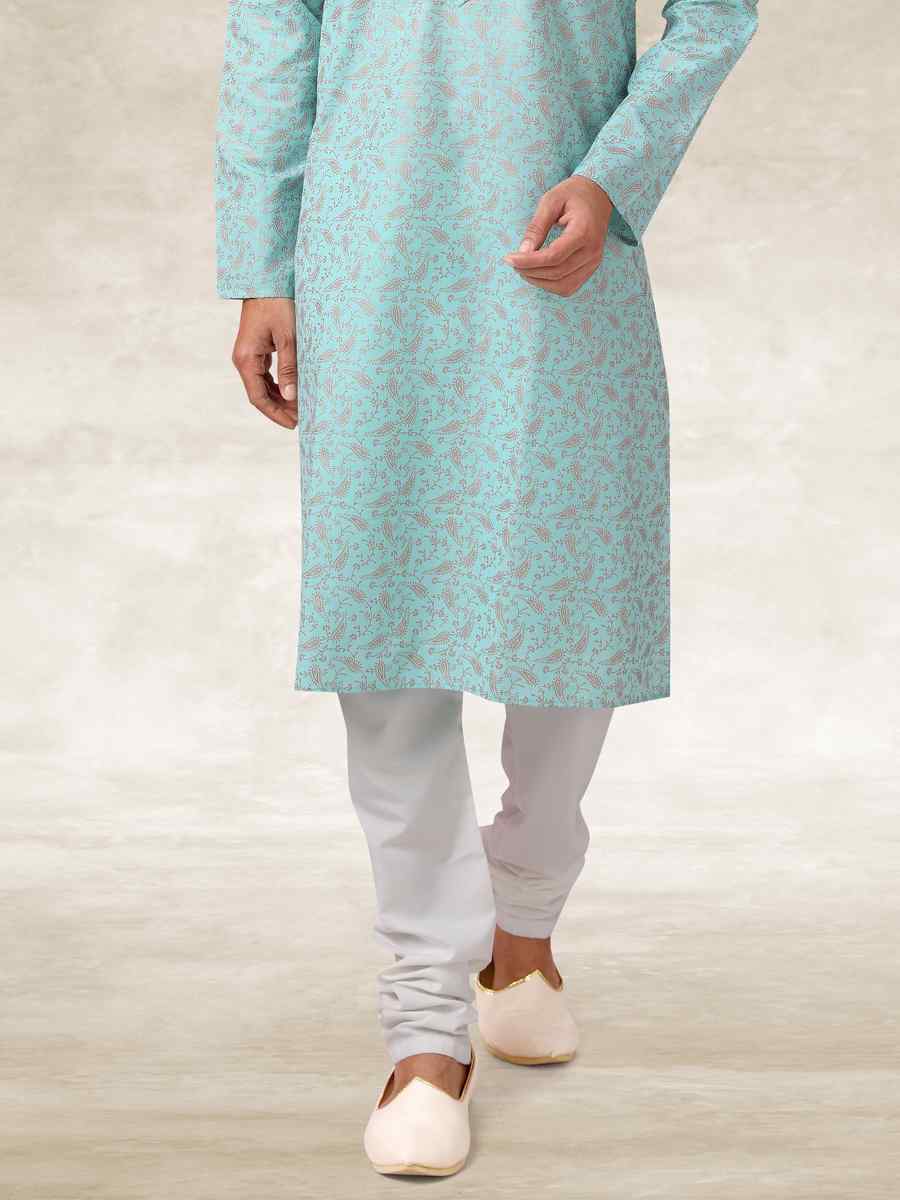 Green Hand Loomed In Rich Yarns Of Cotton Printed Party Wedding Kurta