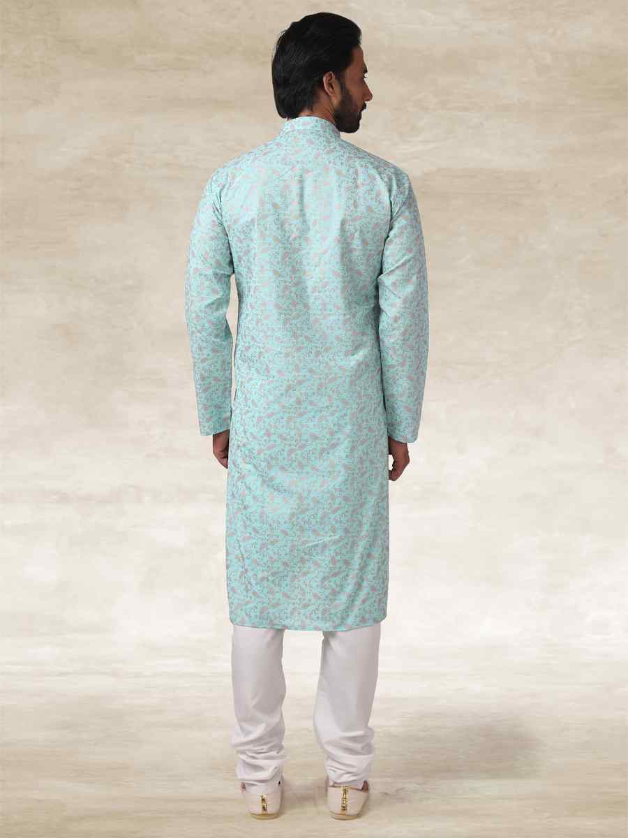 Green Hand Loomed In Rich Yarns Of Cotton Printed Party Wedding Kurta