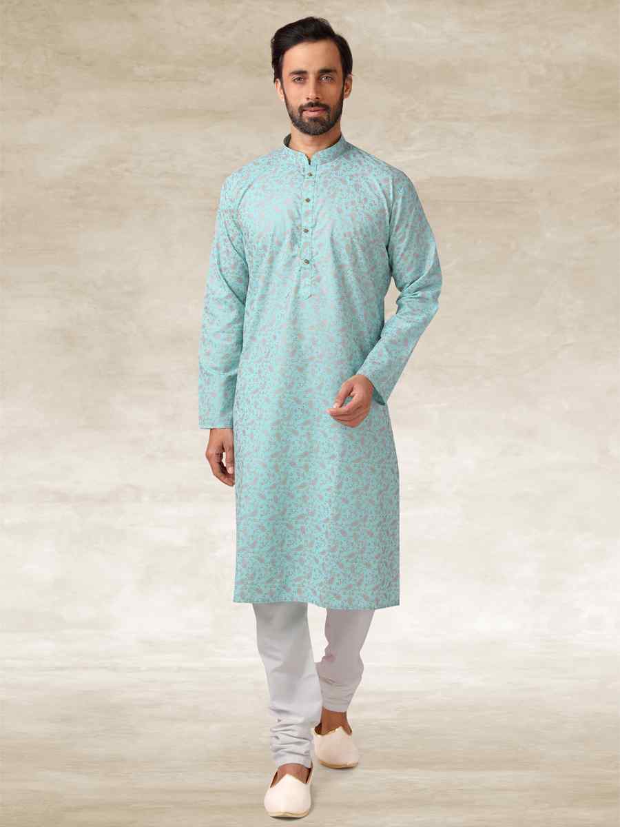 Green Hand Loomed In Rich Yarns Of Cotton Printed Party Wedding Kurta