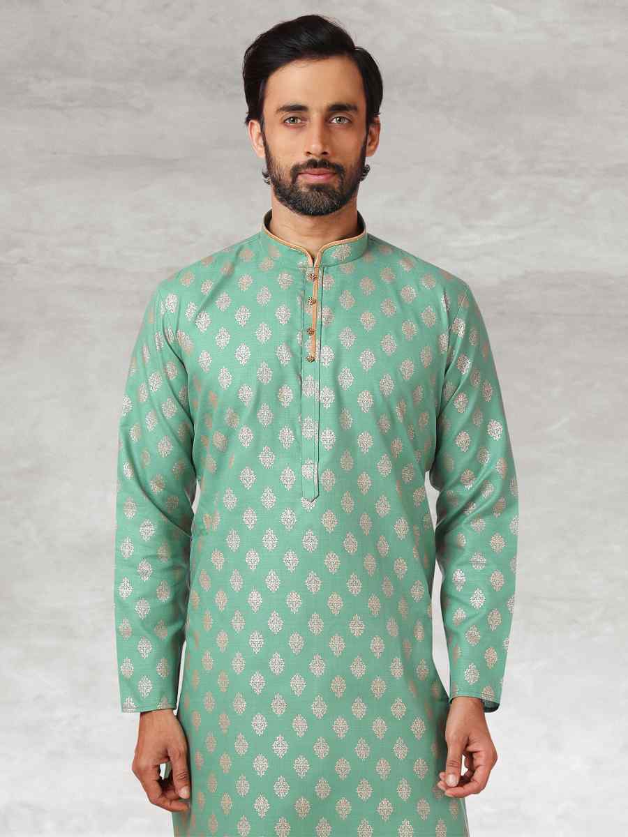 Green Hand Loomed In Rich Yarns Of Cotton Printed Party Wedding Kurta