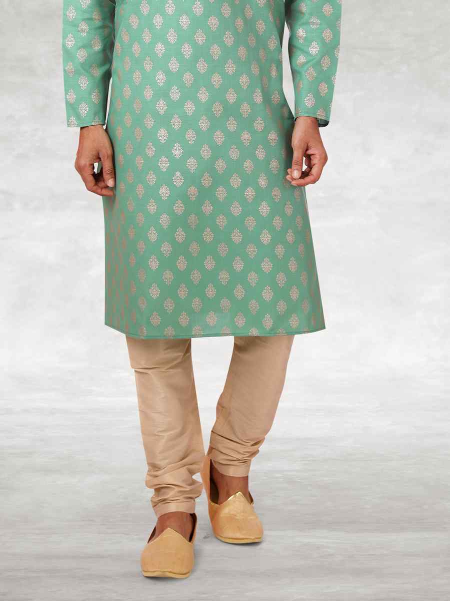 Green Hand Loomed In Rich Yarns Of Cotton Printed Party Wedding Kurta
