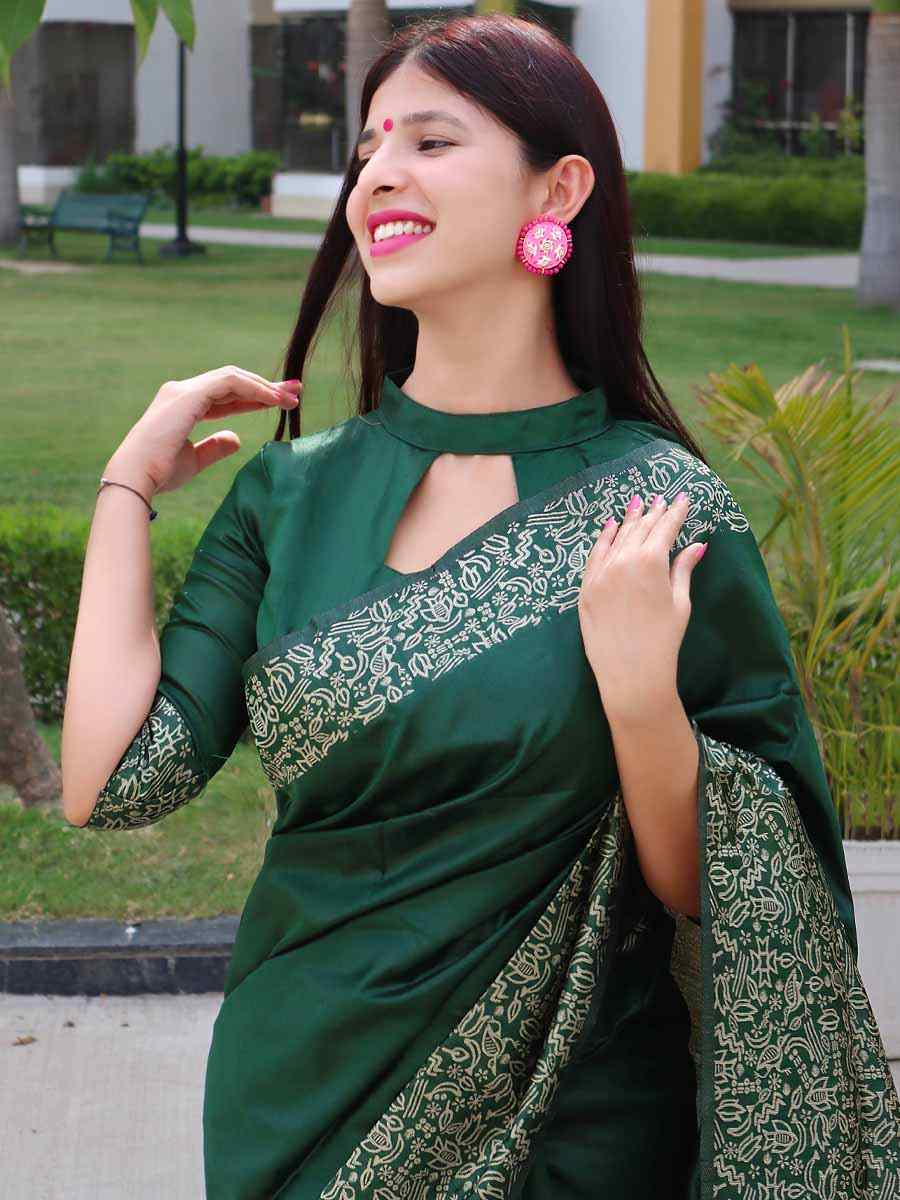 Green Handloom Raw Silk Handwoven Wedding Festival Heavy Border Saree