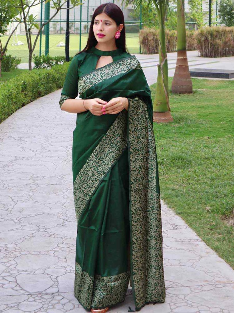 Green Handloom Raw Silk Handwoven Wedding Festival Heavy Border Saree