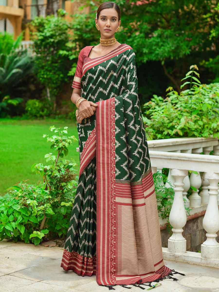Green Handloom Raw Silk Printed Casual Festival Contemporary Saree