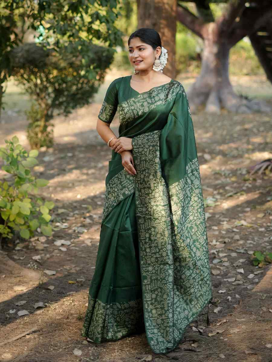 Green Handloom Raw Silk Printed Festival Wedding Fancy Heavy Border Saree