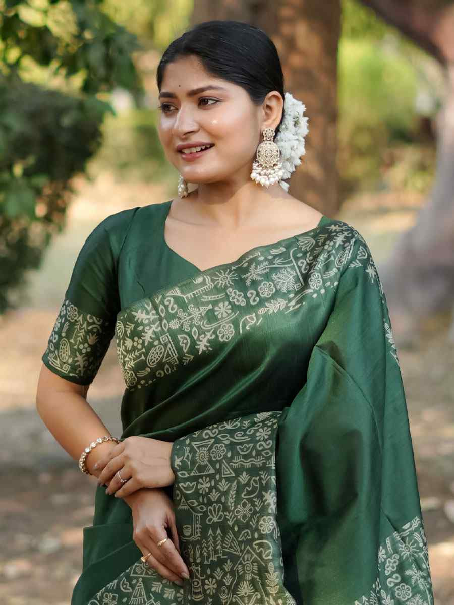 Green Handloom Raw Silk Printed Festival Wedding Fancy Heavy Border Saree