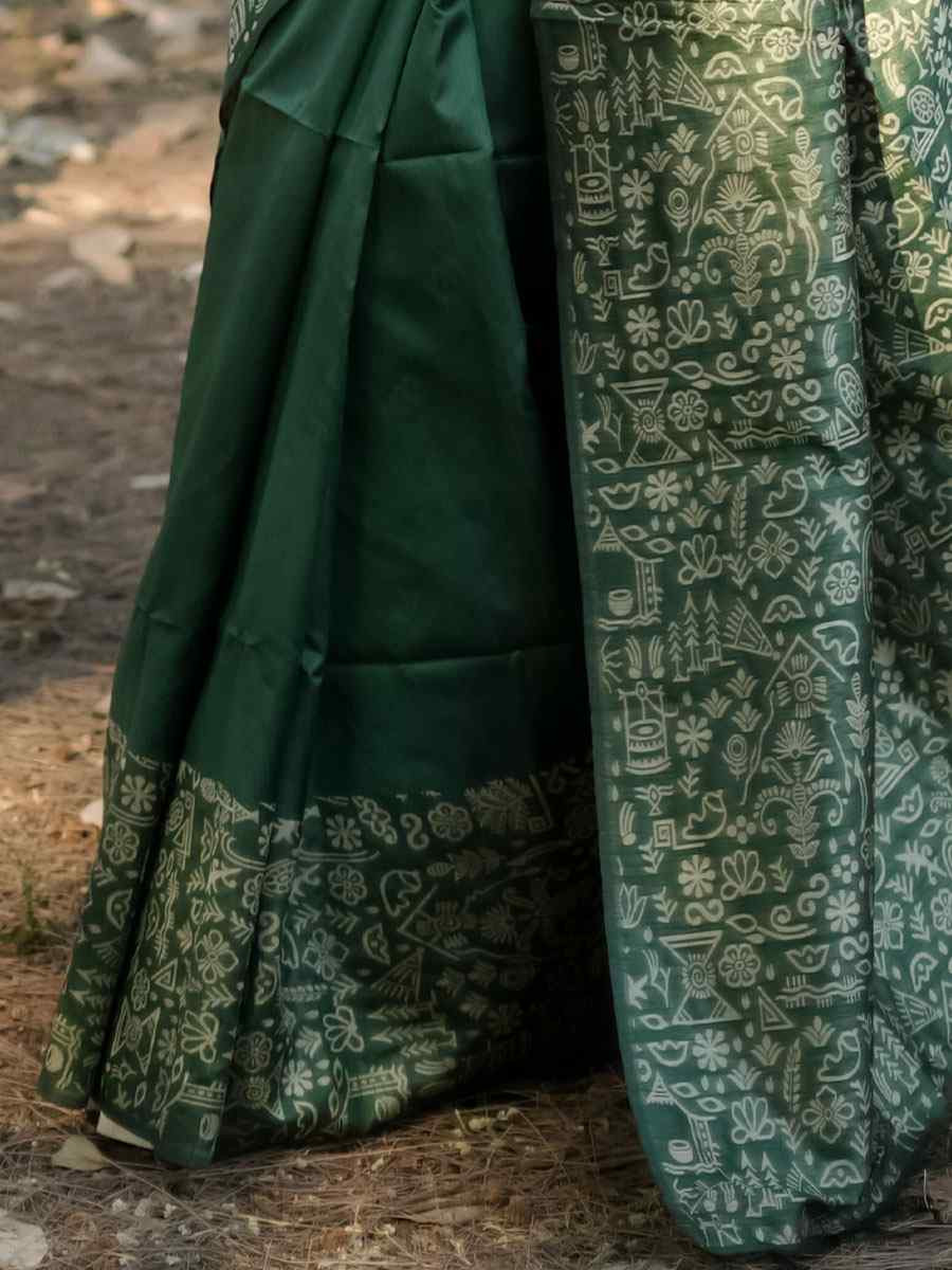 Green Handloom Raw Silk Printed Festival Wedding Fancy Heavy Border Saree