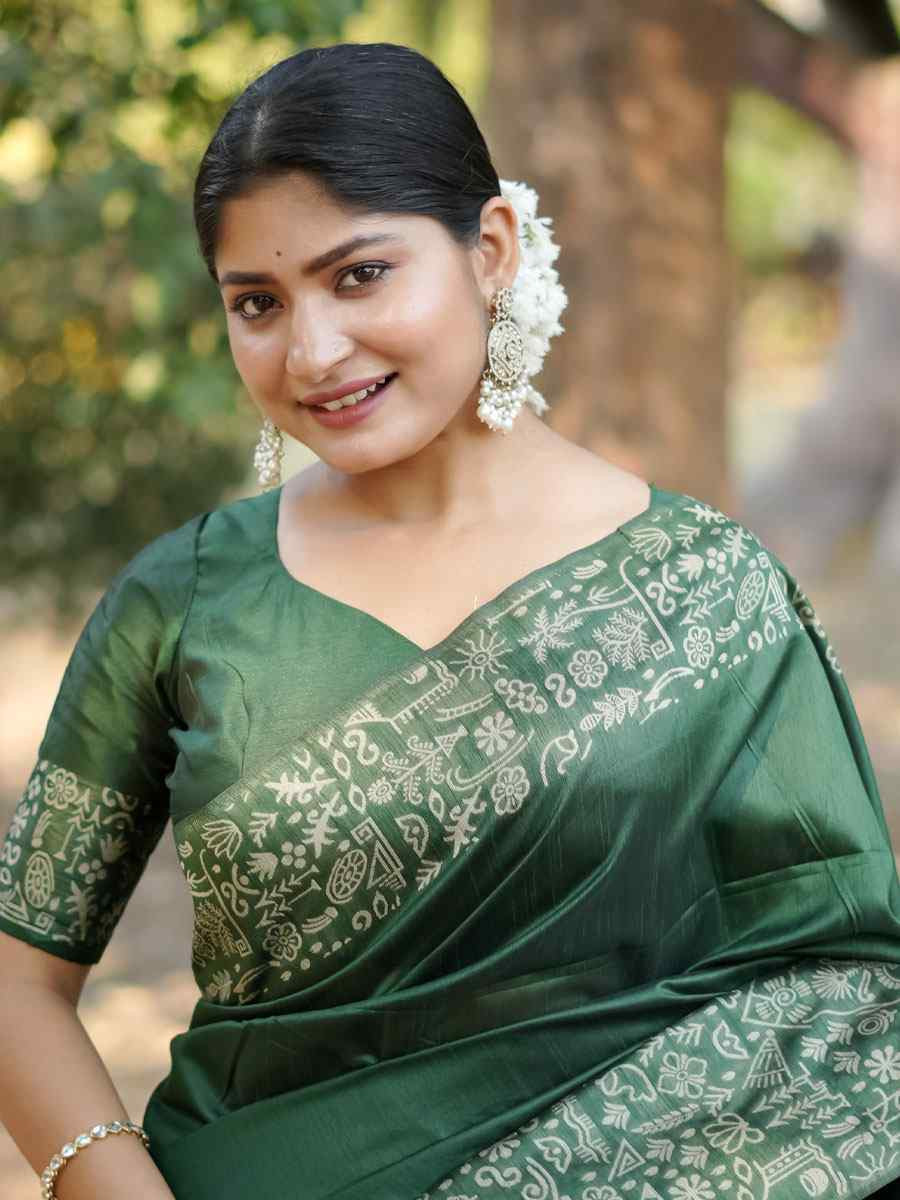Green Handloom Raw Silk Printed Festival Wedding Fancy Heavy Border Saree