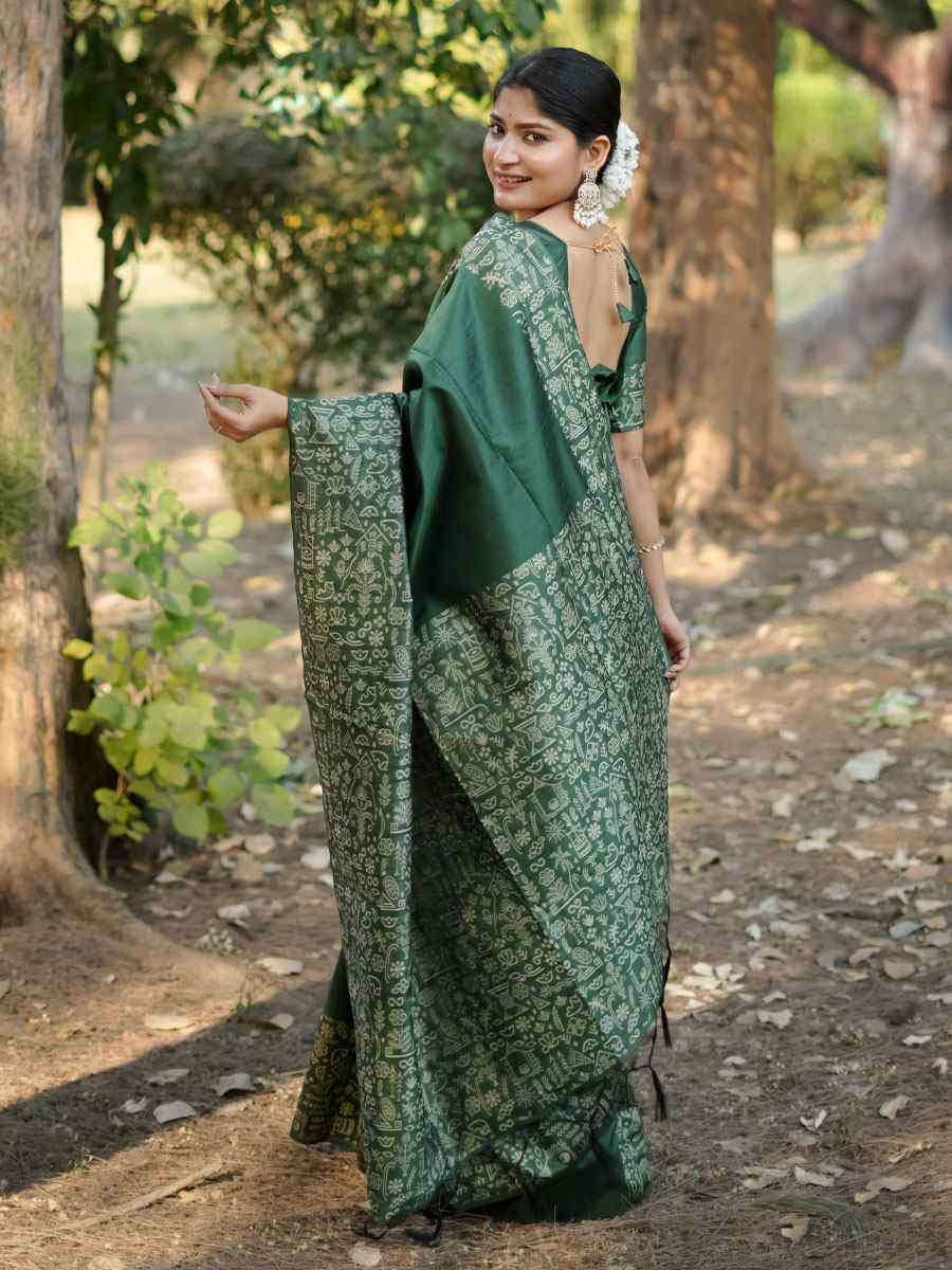 Green Handloom Raw Silk Printed Festival Wedding Fancy Heavy Border Saree