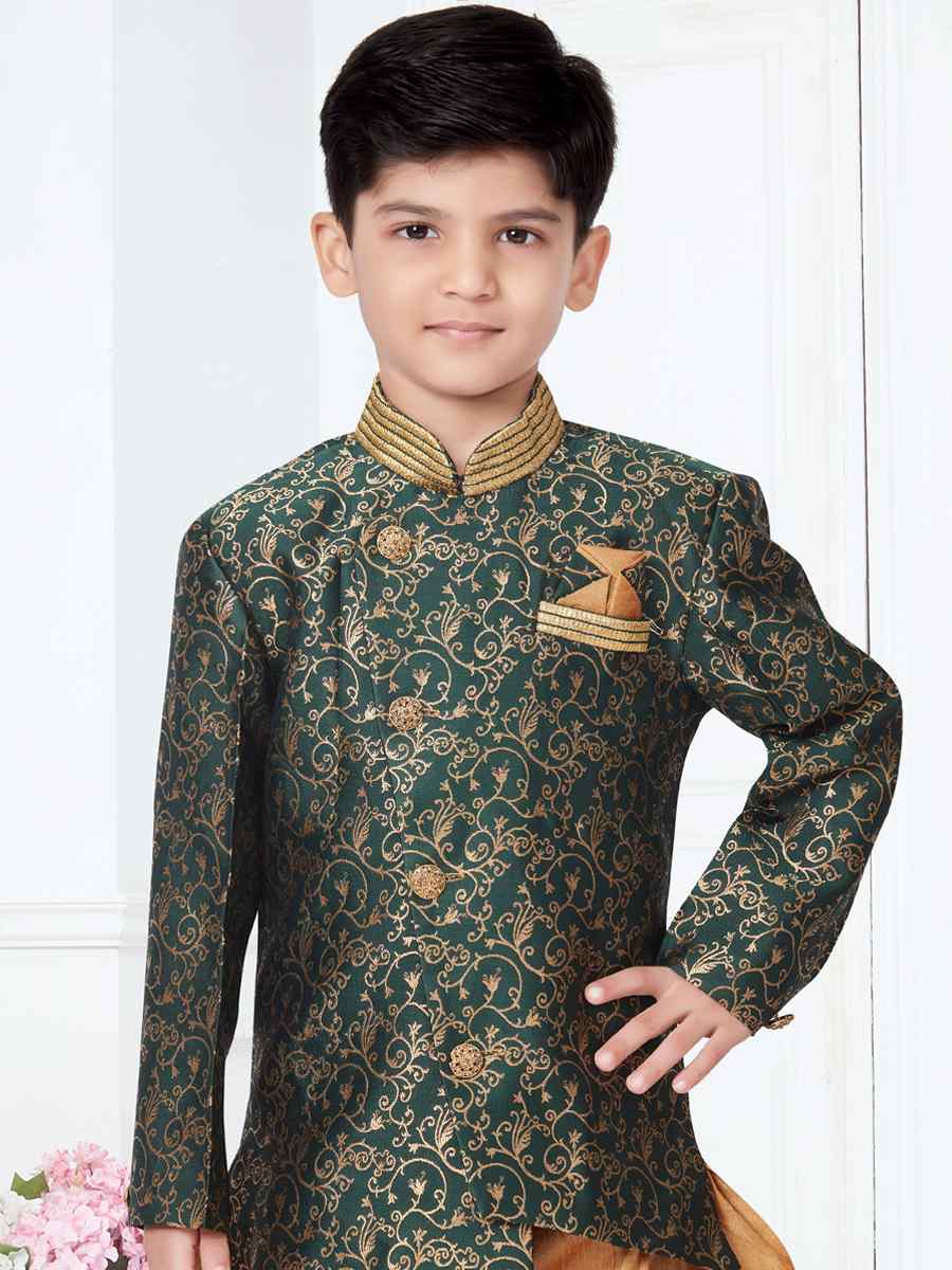 Green Heavy Banarasi Jacquard Floral Party Festival Kurta Dhoti Boys Wear