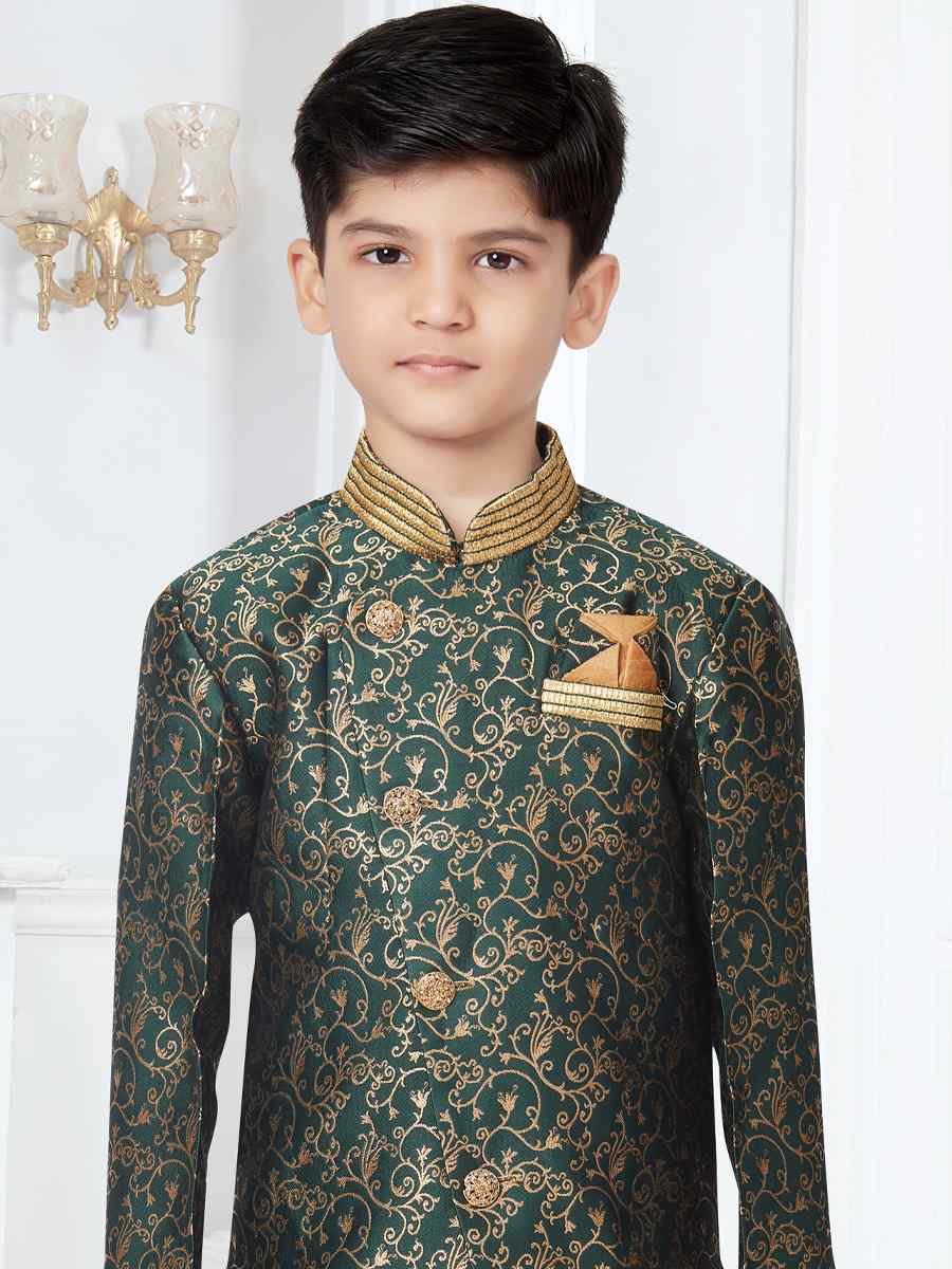 Green Heavy Banarasi Jacquard Floral Party Festival Kurta Dhoti Boys Wear