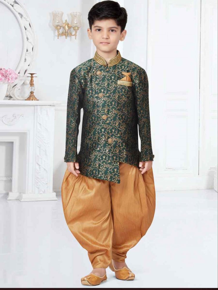 Green Heavy Banarasi Jacquard Floral Party Festival Kurta Dhoti Boys Wear