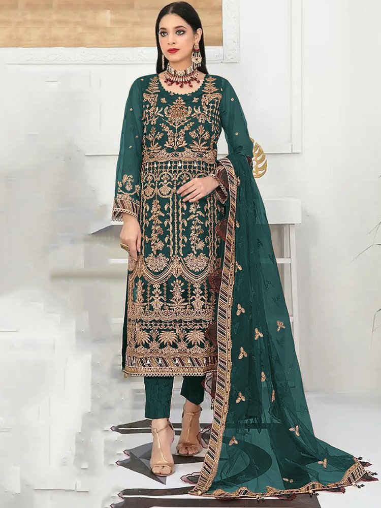 Green Heavy Butterfly Net Embroidered Festival Party Pant Salwar Kameez