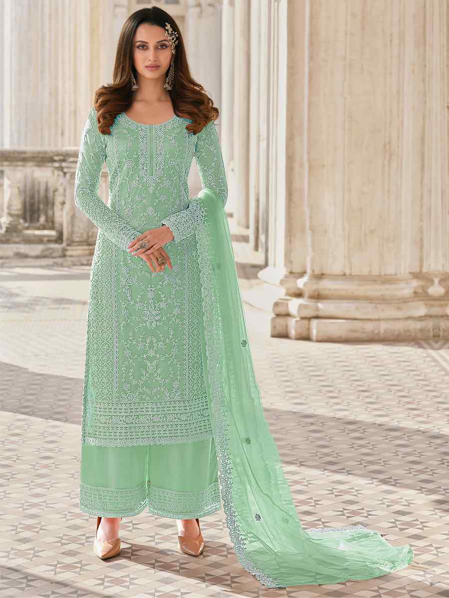 Green Heavy Butterfly Net Embroidered Party Palazzo Pant Salwar Kameez
