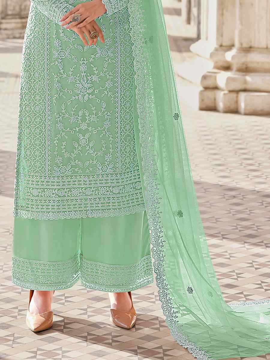 Green Heavy Butterfly Net Embroidered Party Palazzo Pant Salwar Kameez