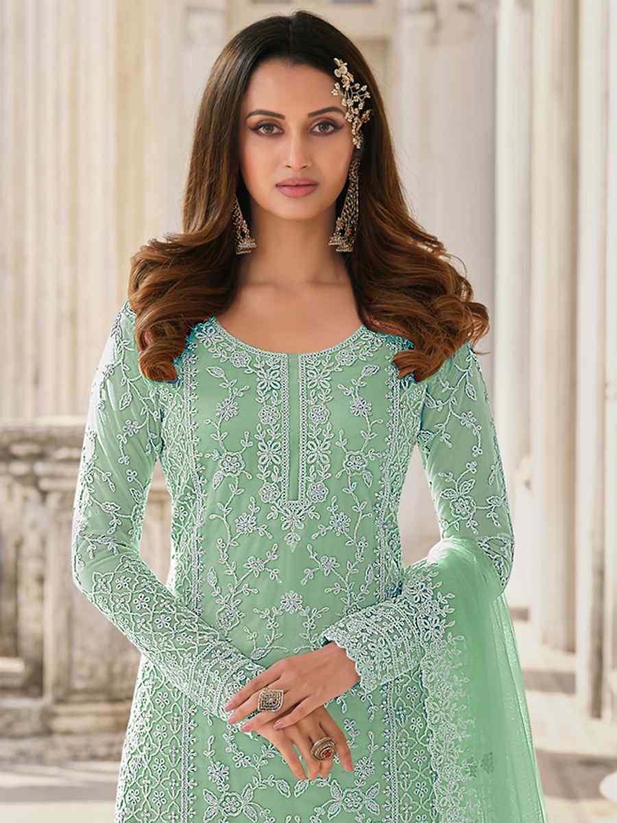 Green Heavy Butterfly Net Embroidered Party Palazzo Pant Salwar Kameez