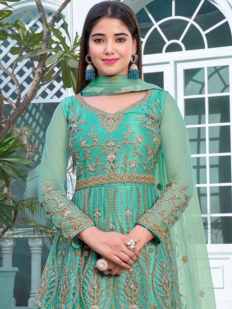 Green Heavy Butterfly Net Embroidered Party Wedding Anarkali Salwar Kameez
