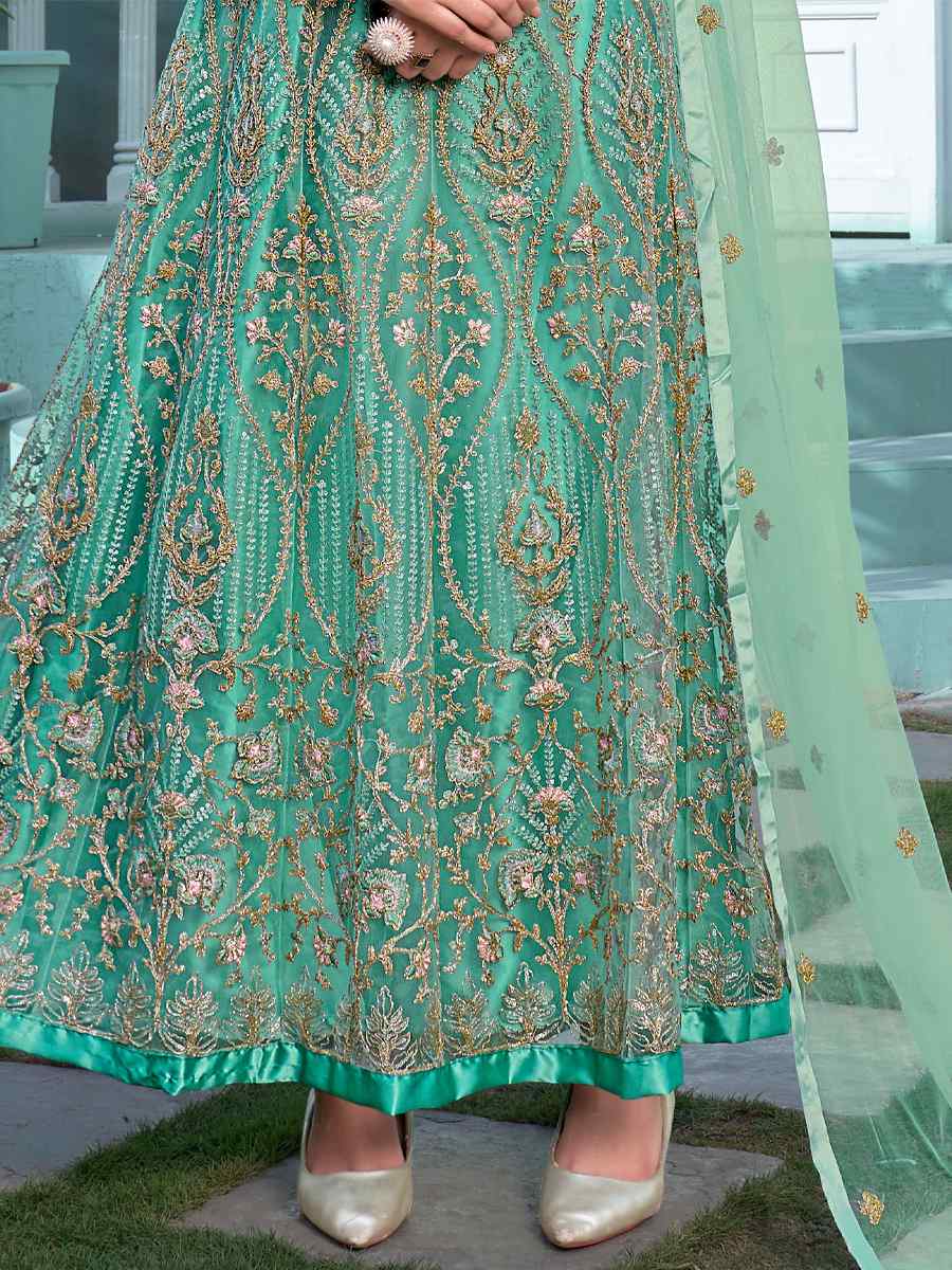 Green Heavy Butterfly Net Embroidered Party Wedding Anarkali Salwar Kameez