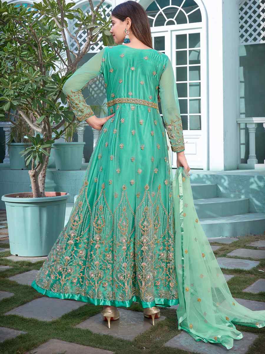 Green Heavy Butterfly Net Embroidered Party Wedding Anarkali Salwar Kameez