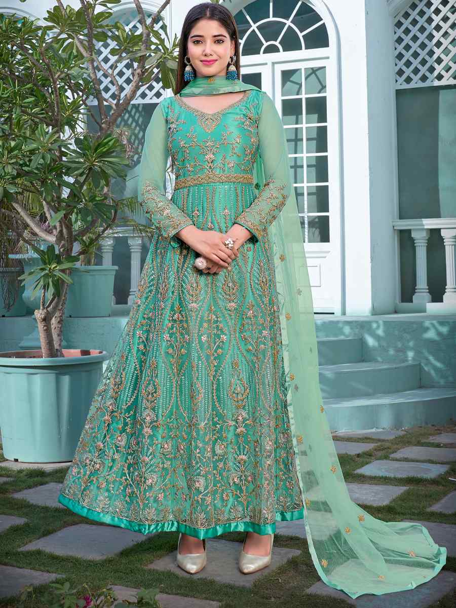 Green Heavy Butterfly Net Embroidered Party Wedding Anarkali Salwar Kameez