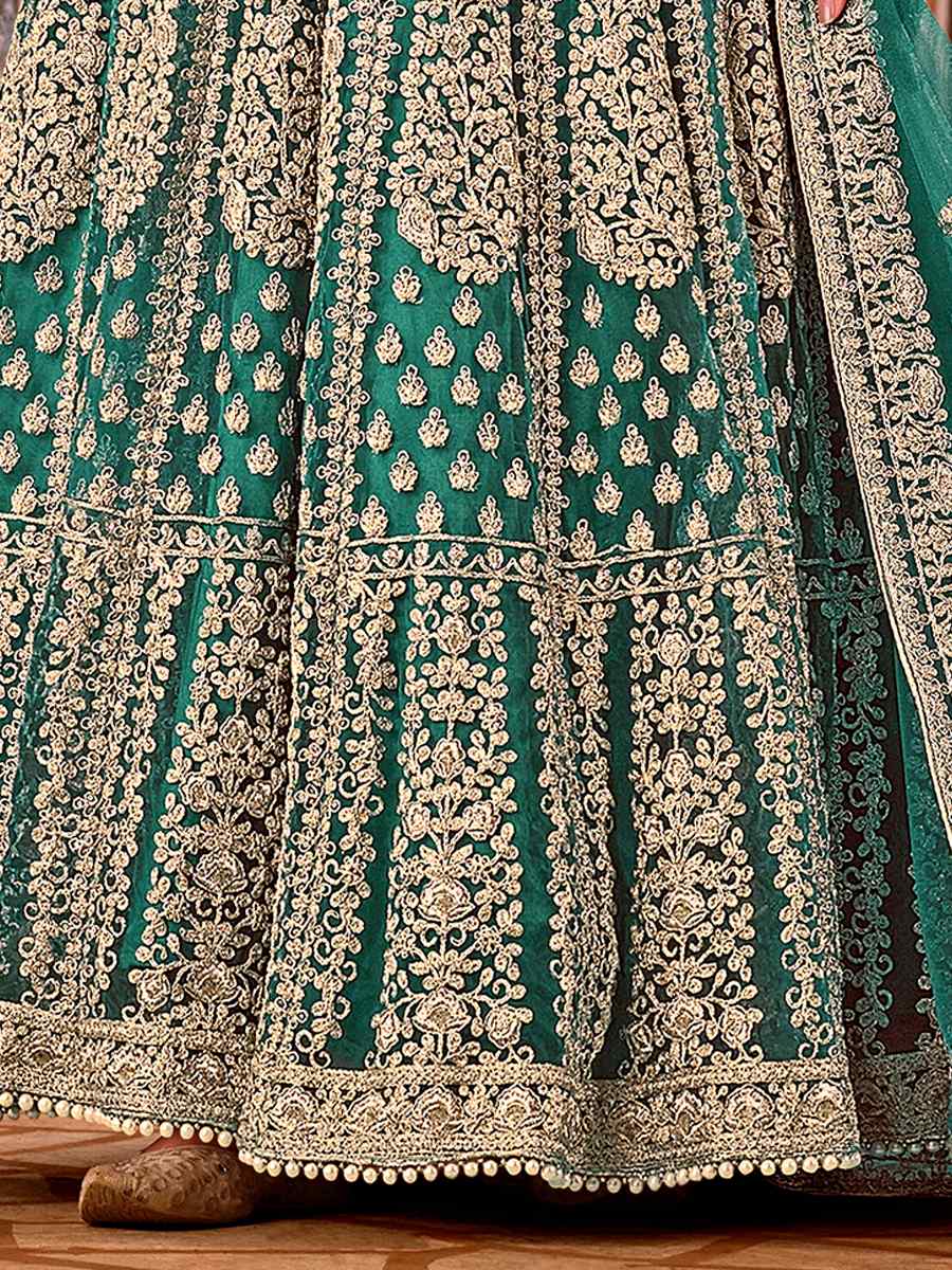 Green Heavy Butterfly Net Embroidered Wedding Engagement Anarkali Salwar Kameez