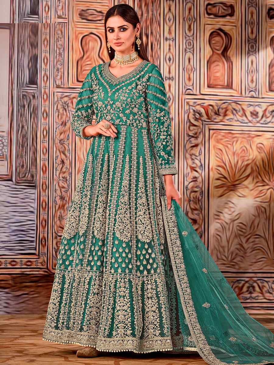 Green Heavy Butterfly Net Embroidered Wedding Engagement Anarkali Salwar Kameez