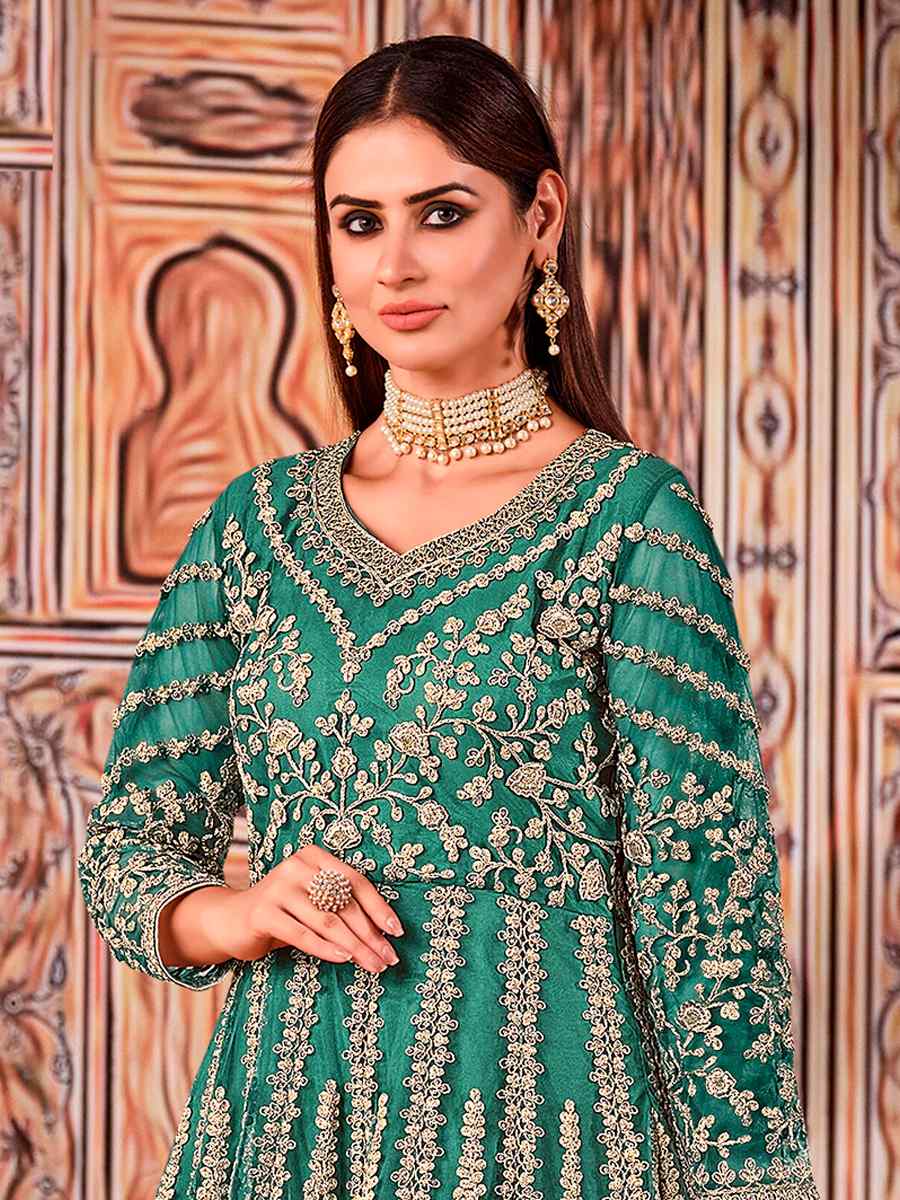 Green Heavy Butterfly Net Embroidered Wedding Engagement Anarkali Salwar Kameez