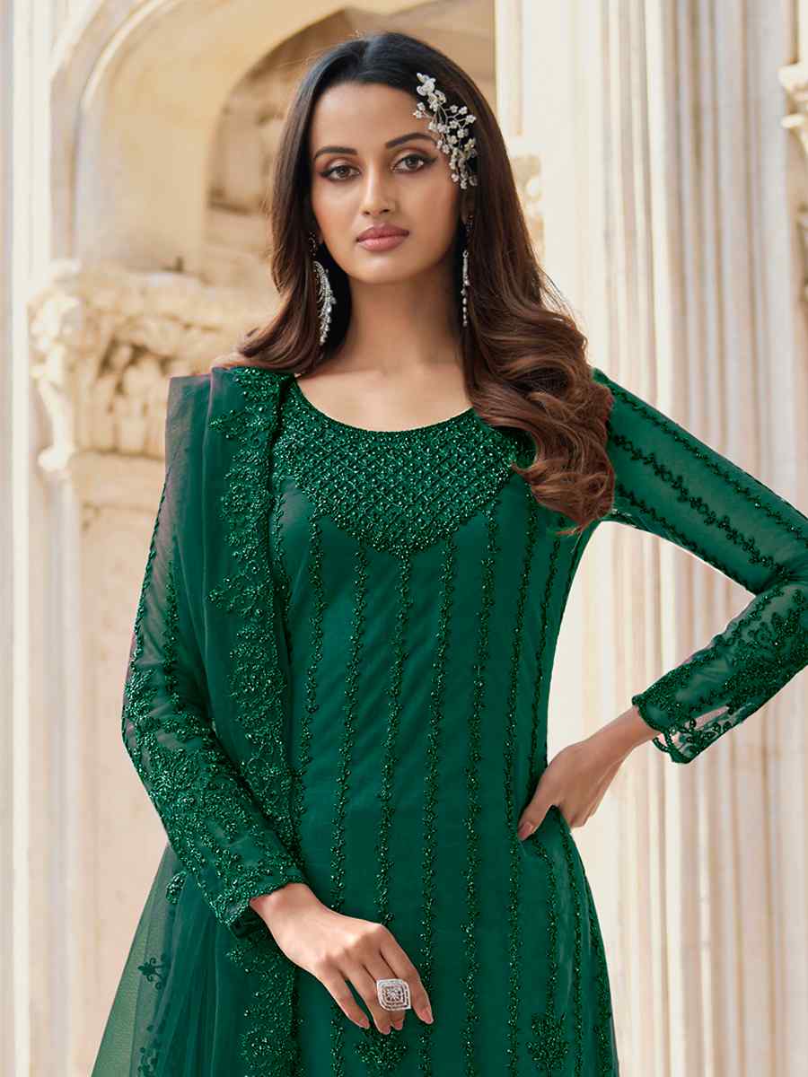 Green Heavy Butterfly Net Embroidered Wedding Festival Palazzo Pant Salwar Kameez