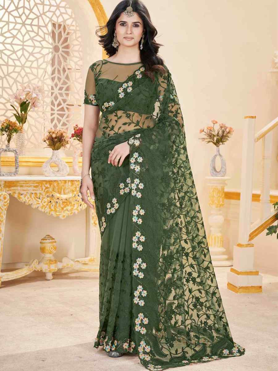 Green Heavy Butterfly Net Embroidery Casual Traditional Reception Festival Fancy Classic Style Sarees
