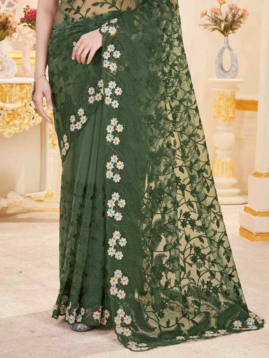 Green Heavy Butterfly Net Embroidery Casual Traditional Reception Festival Fancy Classic Style Sarees