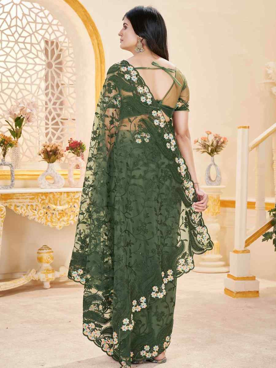 Green Heavy Butterfly Net Embroidery Casual Traditional Reception Festival Fancy Classic Style Sarees