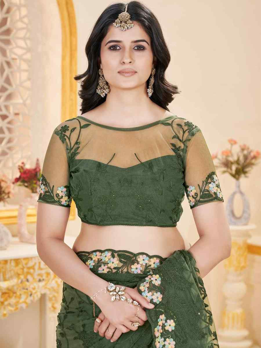 Green Heavy Butterfly Net Embroidery Casual Traditional Reception Festival Fancy Classic Style Sarees
