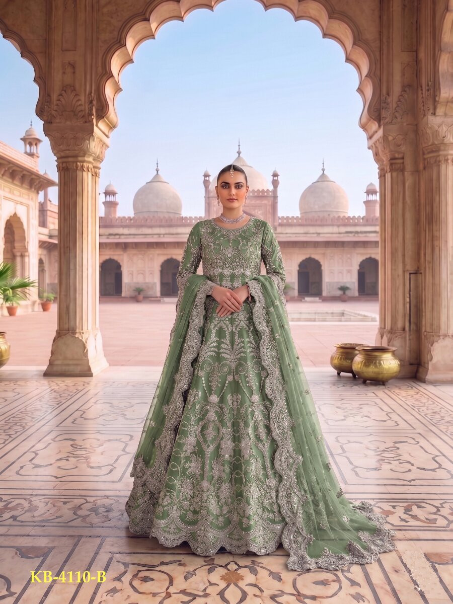 Green Heavy Butterfly Net Embroidery Zari Wedding Party Festival Engagement Casual Lawn Salwar Kameez