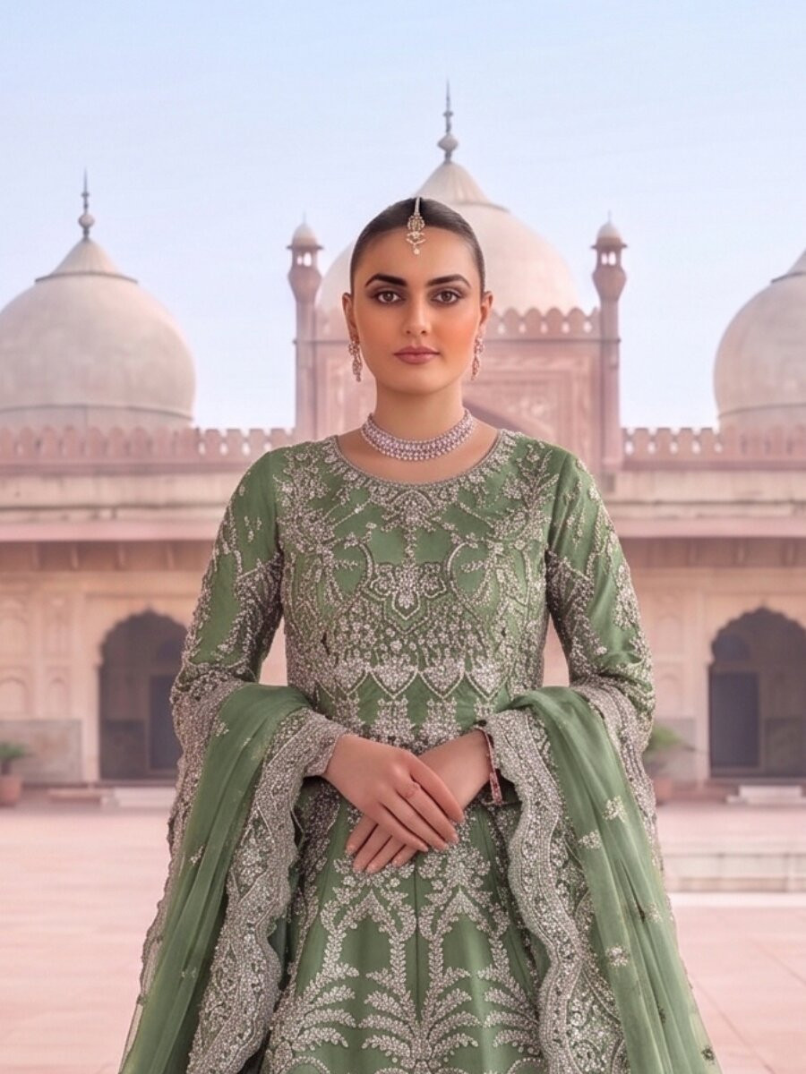 Green Heavy Butterfly Net Embroidery Zari Wedding Party Festival Engagement Casual Lawn Salwar Kameez