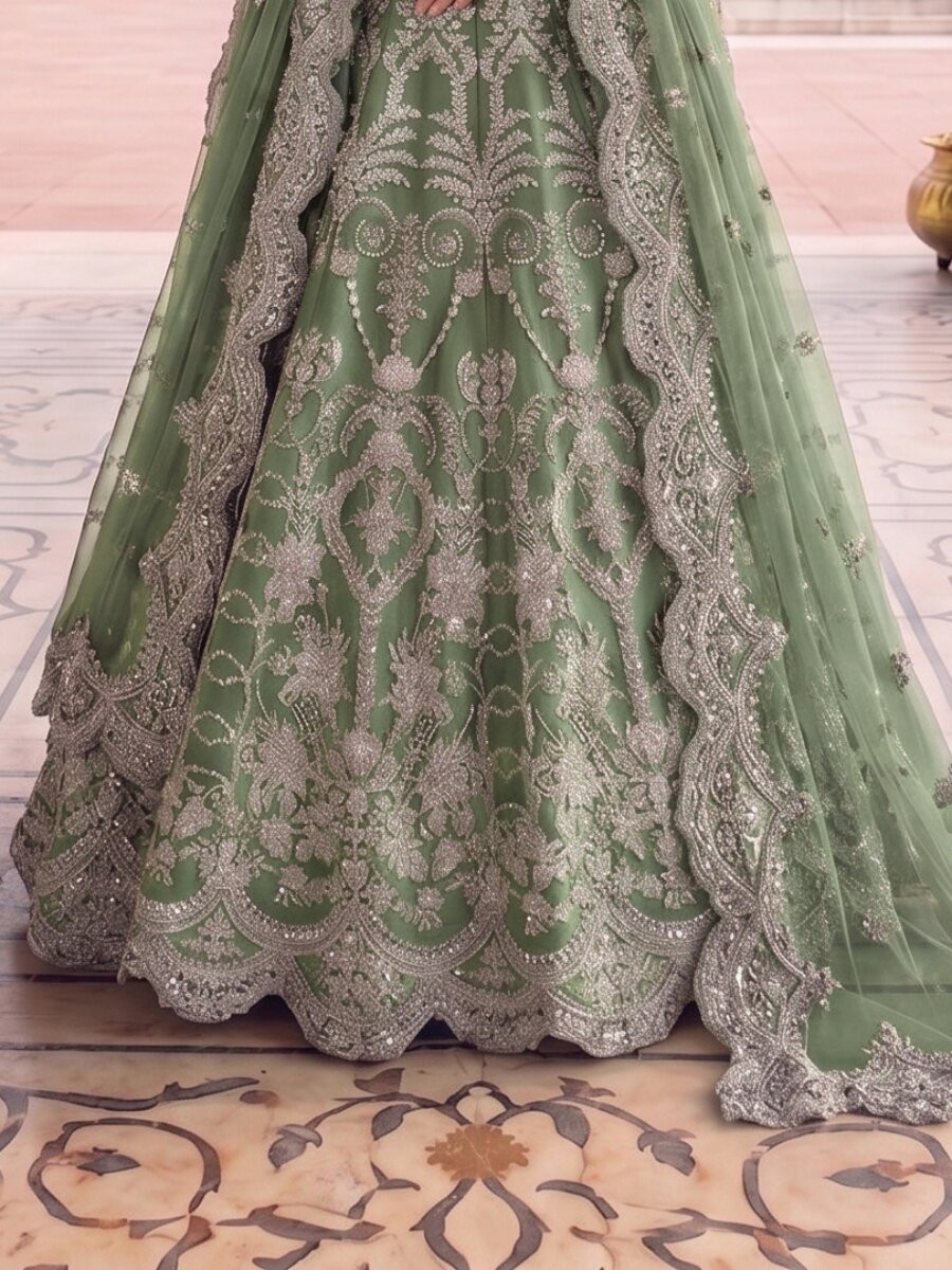 Green Heavy Butterfly Net Embroidery Zari Wedding Party Festival Engagement Casual Lawn Salwar Kameez