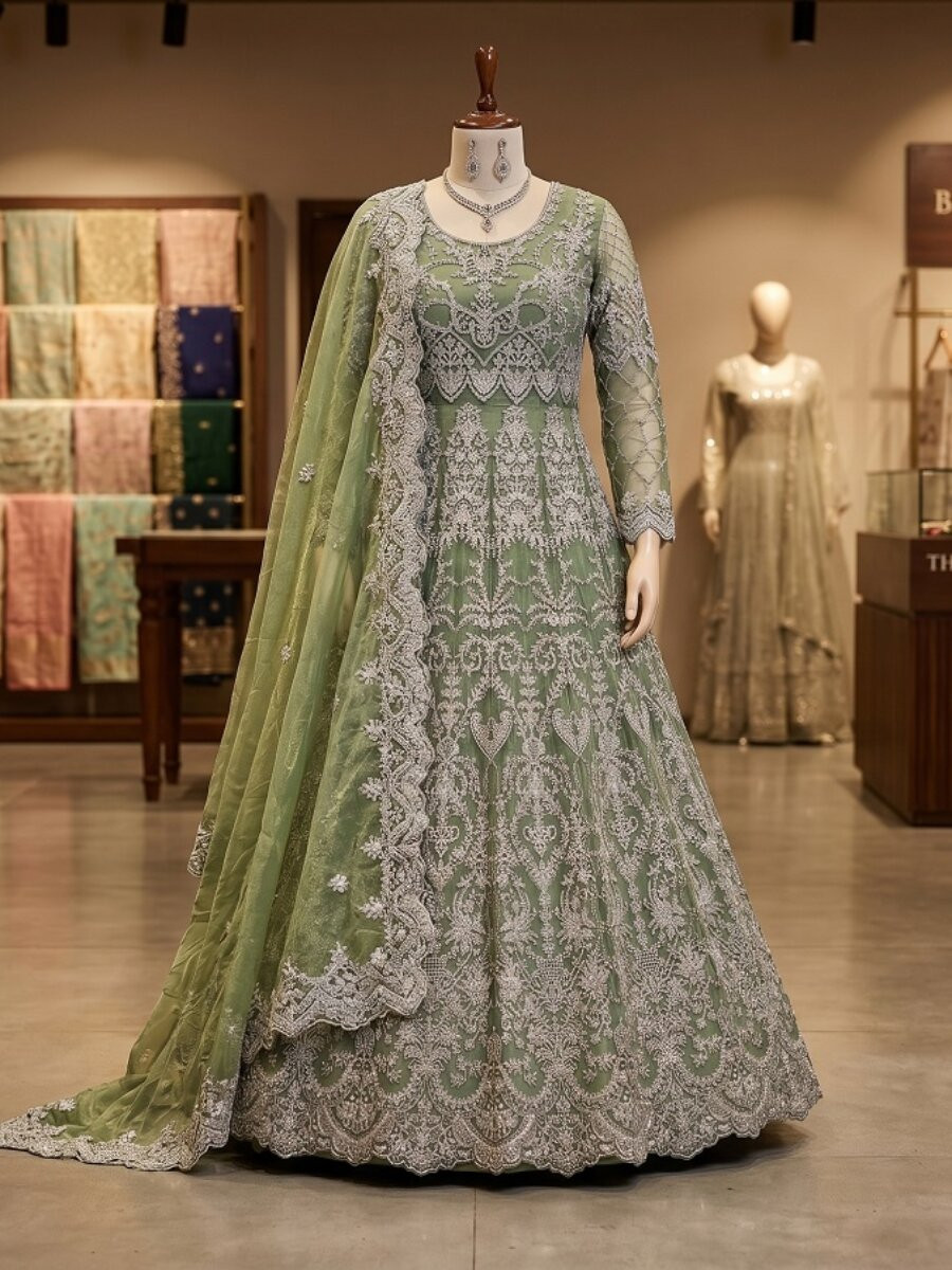 Green Heavy Butterfly Net Embroidery Zari Wedding Party Festival Engagement Casual Lawn Salwar Kameez