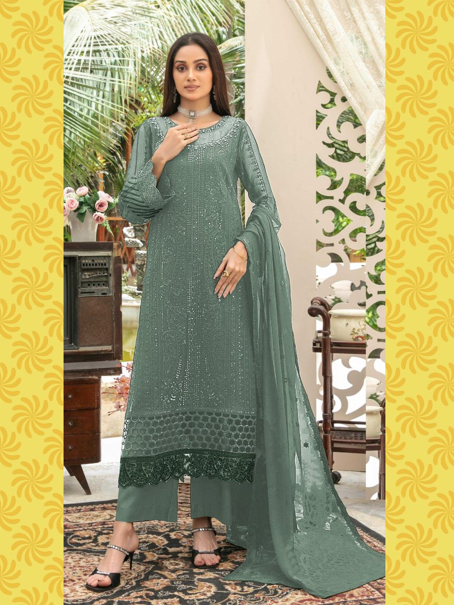 Green Heavy Chiffon Embroidery Sequins Wedding Party Festival Casual Palazzo Pant Salwar Kameez