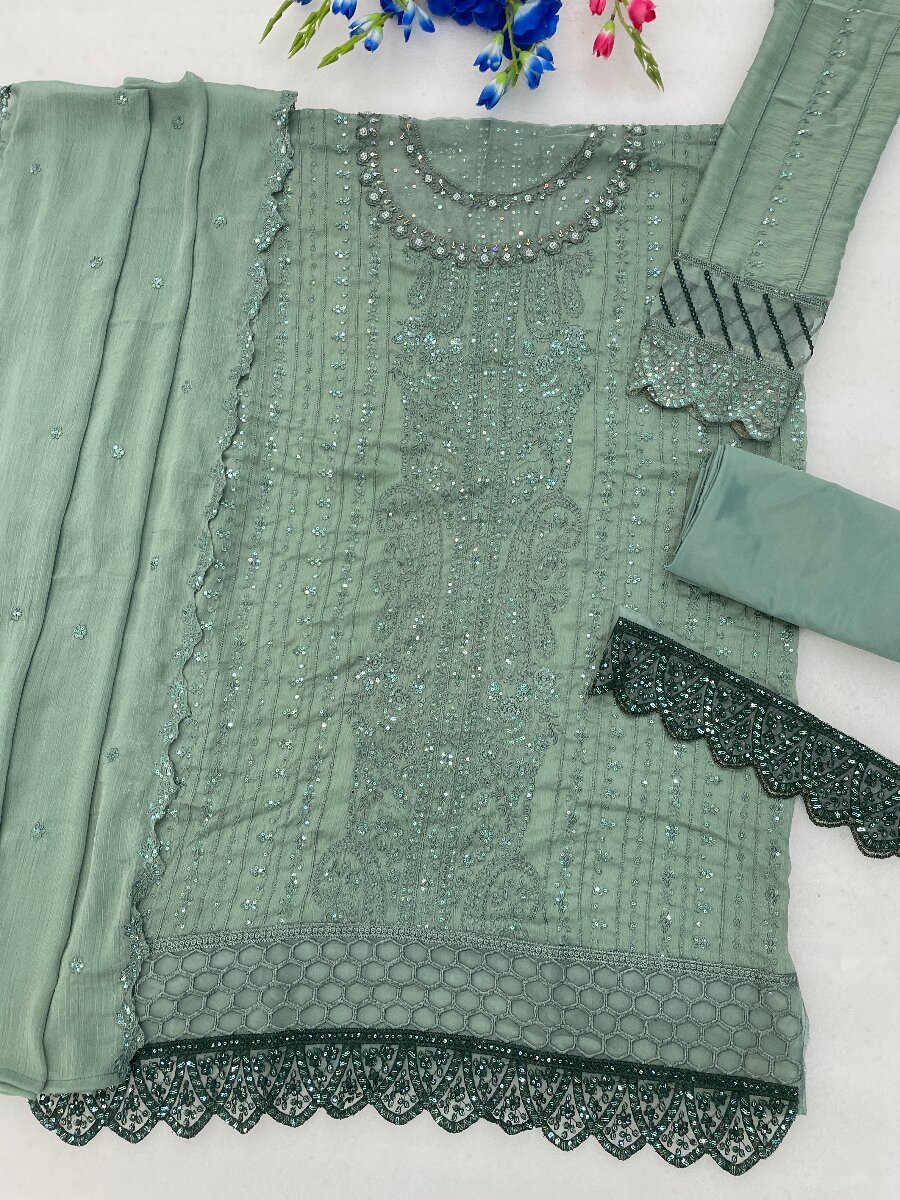 Green Heavy Chiffon Embroidery Sequins Wedding Party Festival Casual Palazzo Pant Salwar Kameez