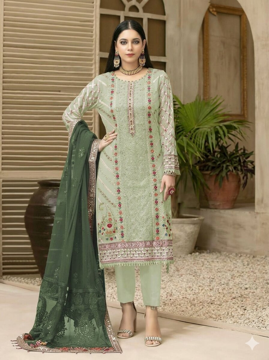 Green Heavy Chiffon Embroidery Sequins Wedding Party Festival Casual Pant Salwar Kameez