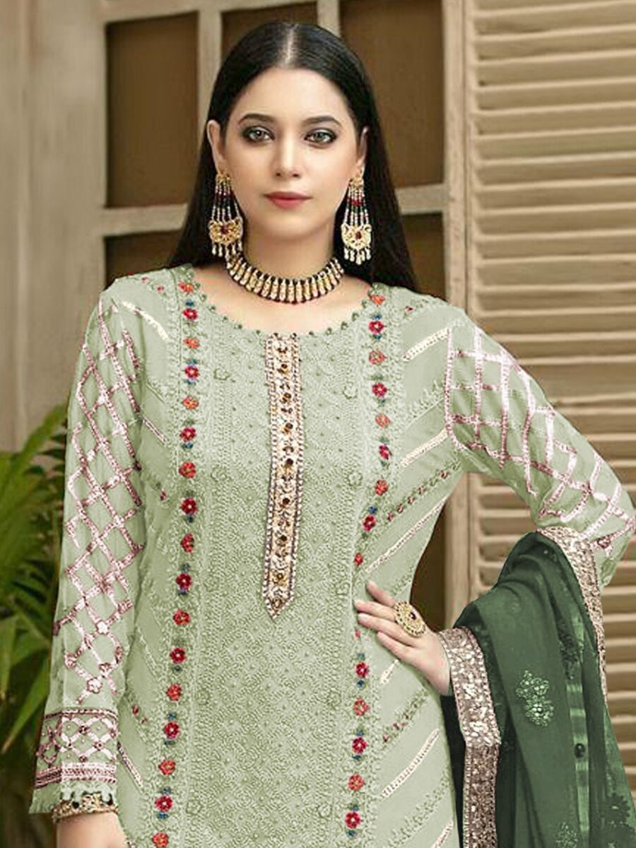 Green Heavy Chiffon Embroidery Sequins Wedding Party Festival Casual Pant Salwar Kameez