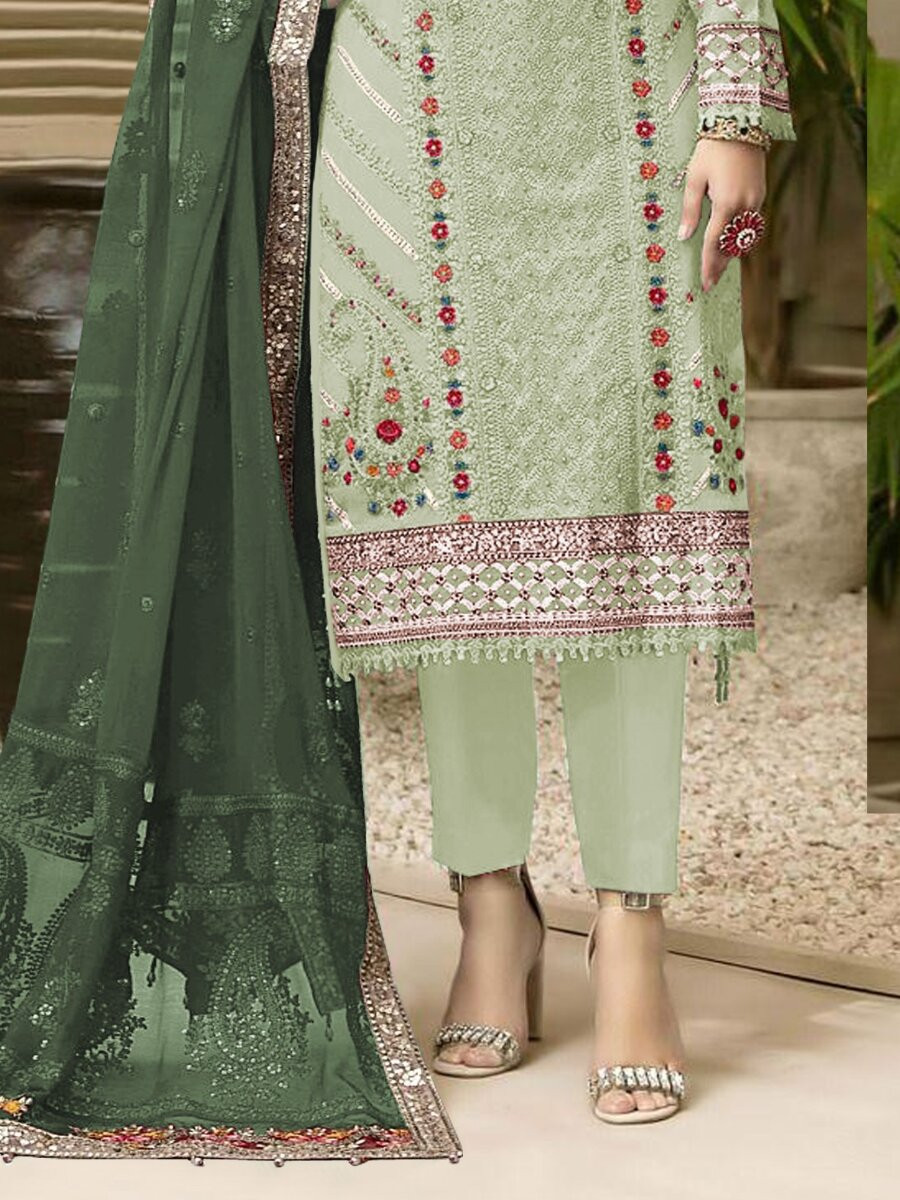 Green Heavy Chiffon Embroidery Sequins Wedding Party Festival Casual Pant Salwar Kameez