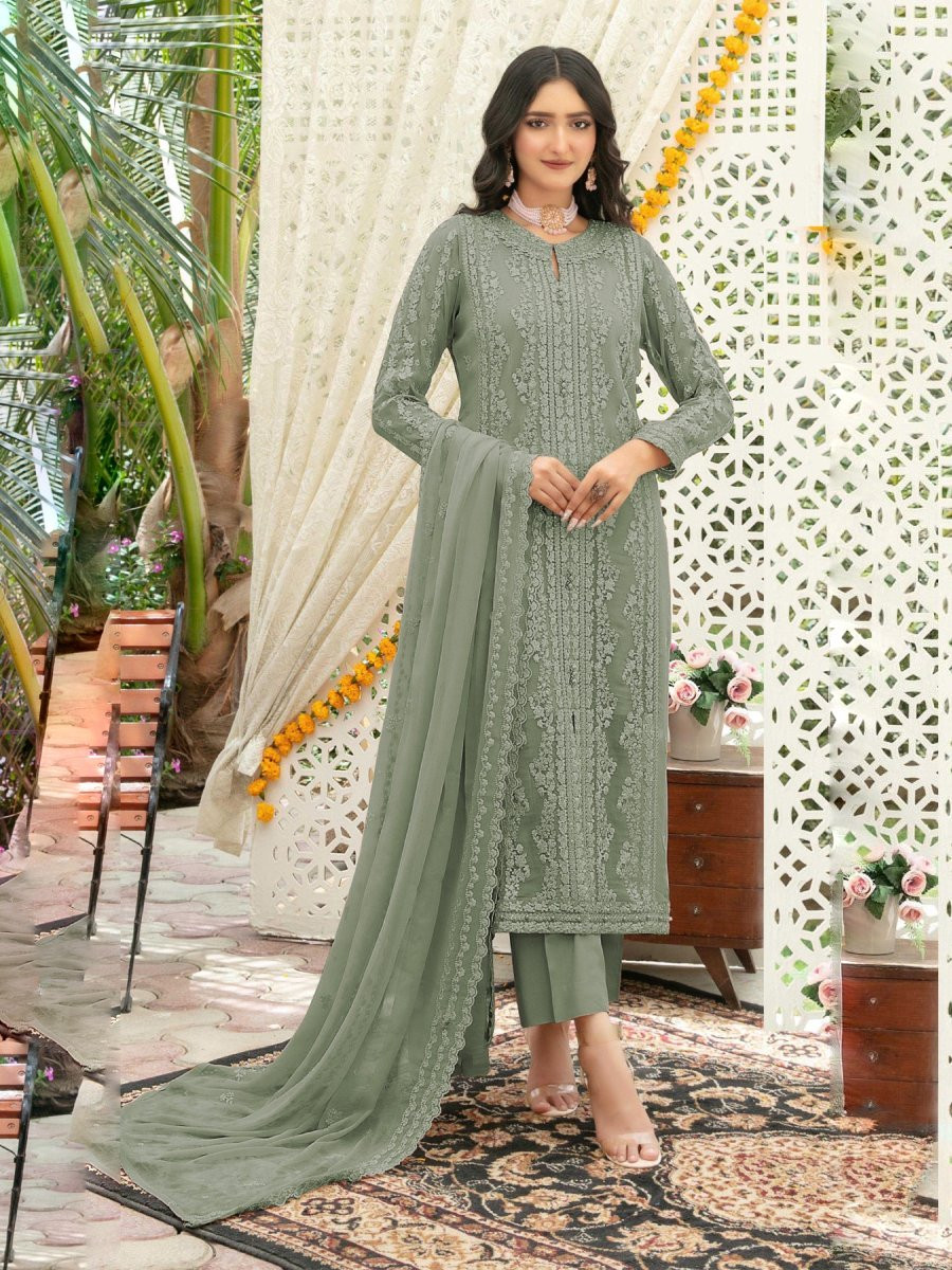 Green Heavy Chiffon Embroidery Wedding Party Festival Casual Palazzo Pant Salwar Kameez