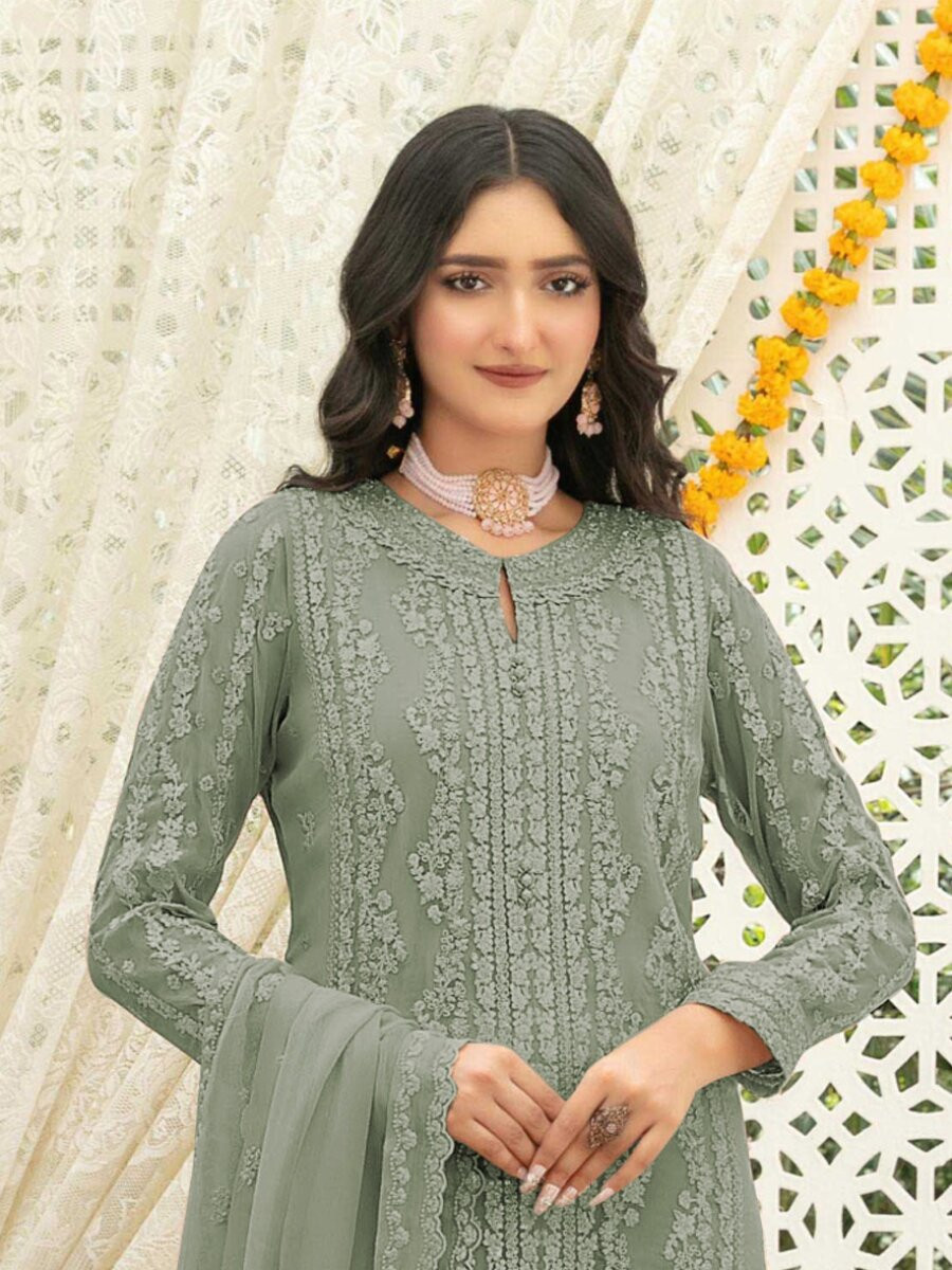 Green Heavy Chiffon Embroidery Wedding Party Festival Casual Palazzo Pant Salwar Kameez