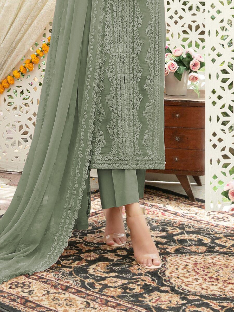 Green Heavy Chiffon Embroidery Wedding Party Festival Casual Palazzo Pant Salwar Kameez