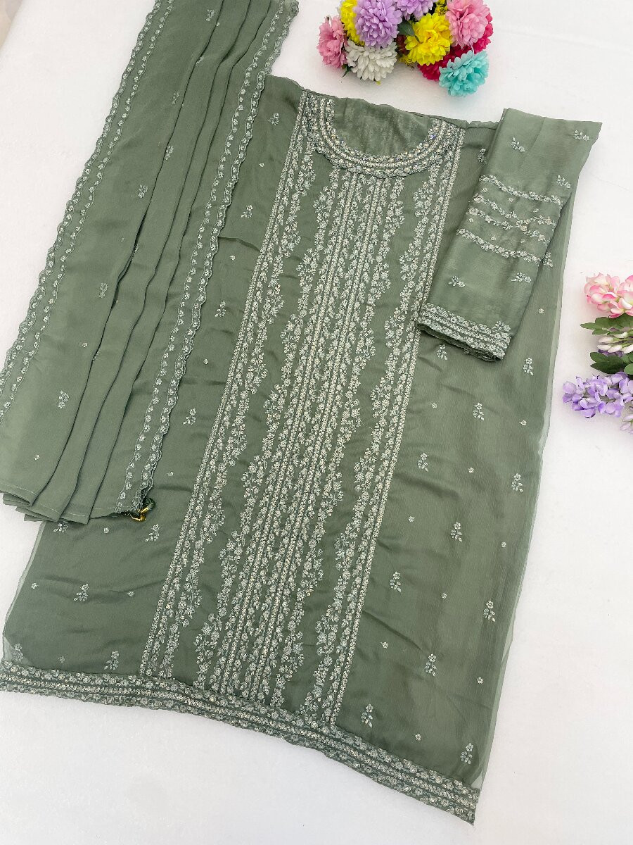 Green Heavy Chiffon Embroidery Wedding Party Festival Casual Palazzo Pant Salwar Kameez
